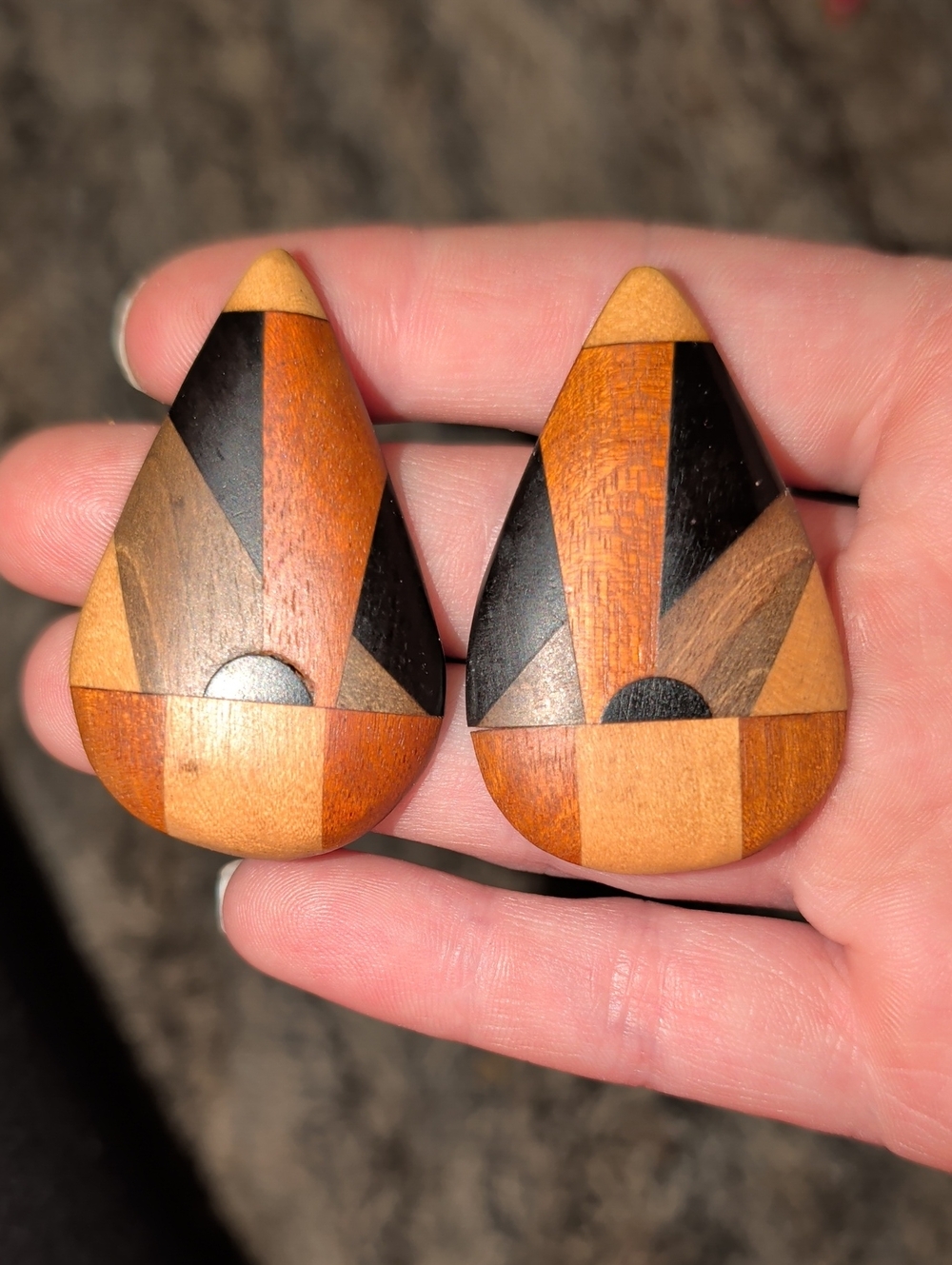 MCM Handmade Teardrop Multi Wood Inlay Post Earrings